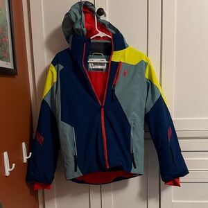 Spyder Kids Blue and Yellow Hooded Puffer Jacket